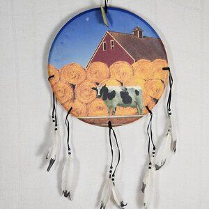 Cow Red Barn and Hay Bales Manmade 14.5"x14.5" Dream Catcher w/Feathers and Bead